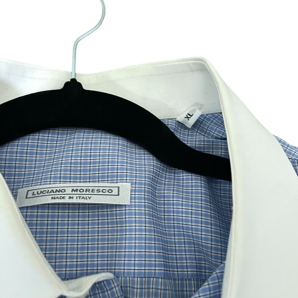Luciano Moresco Men's Button-Down Dress Shirt Blue Micro Check Cotton Size XL - Picture 3 of 6